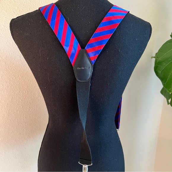 The Tie Bar Unisex Blue Red Striped Silk Blend Leather Adjustable Suspenders - Picture 4 of 9